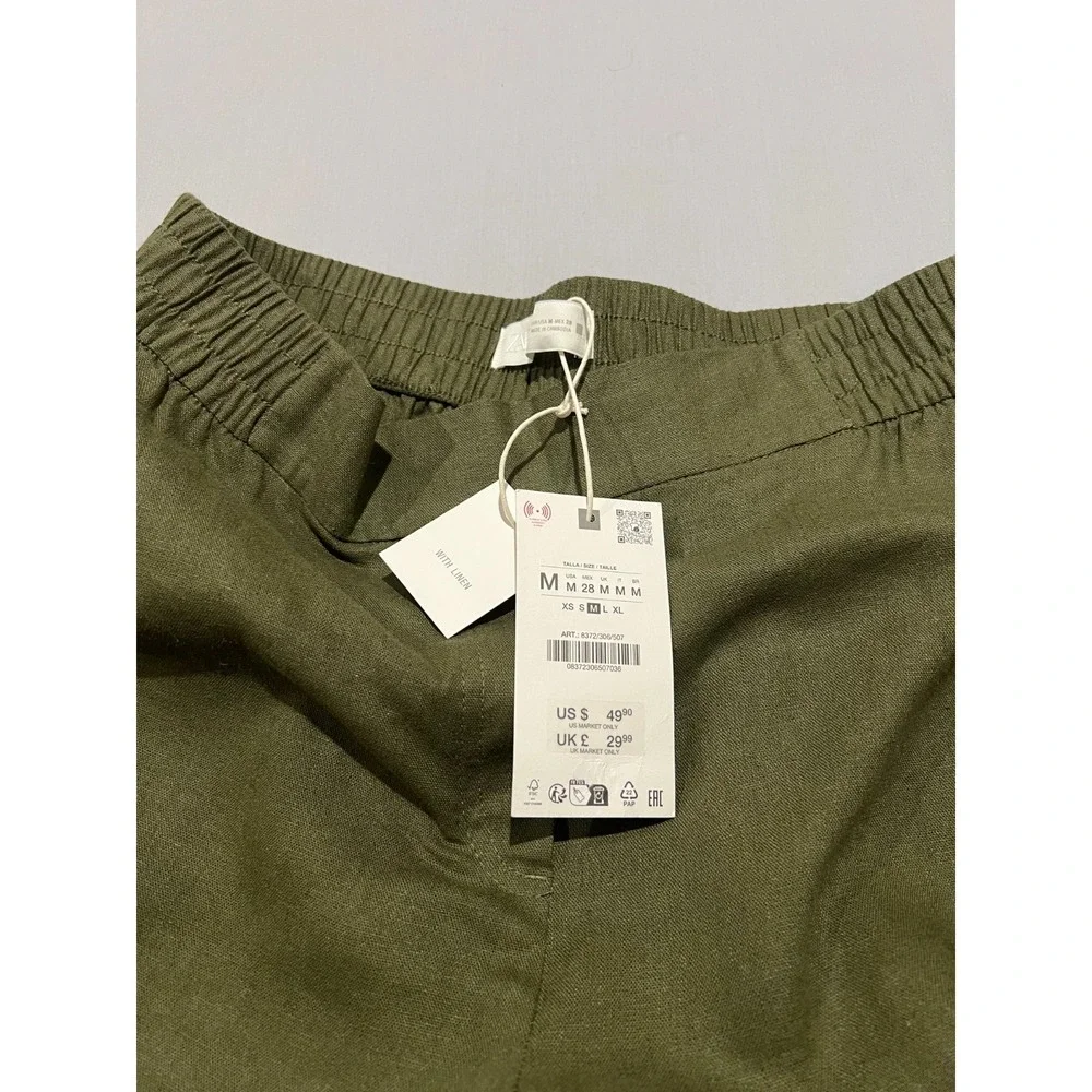 NWT Zara Womens Green Linen Blend Elastic Waist Wide-Leg Boho Flowy Pants M
